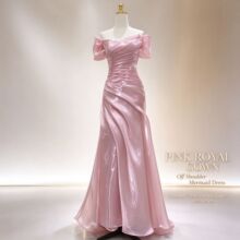 粉色晚礼服一字肩温柔系结婚订婚礼服仙气宴会高级感成人礼连衣裙