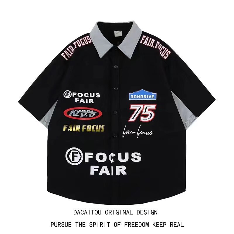 American Style Retro Heavy Industry Color Matching Racing Style Short Sleeve Shirt Women's Summer New Printed Loose Top for Men American Style Retro Heavy Industry Color Matching Racing Style Short Sleeve Shirt Women's Summer New Printed Loose Top for Men