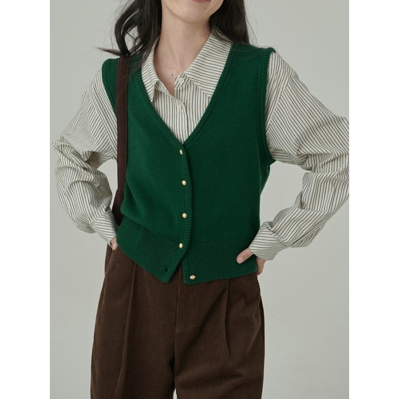 Vintage brown Vest Women's Spring and Autumn 2025 New Stacked Knitted Cardigan Slimming V-Neck with Vest Waistcoat