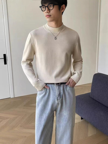 Men's half-length crew neck solid color sweater, slim-fit youth base knitwear, autumn and winter men's knitwear.