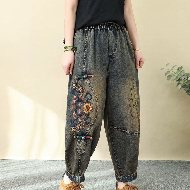 Spring New Retro Embroidered Washed Jeans for Women, Denim Elastic, Dad Style, Plus Size, Loose Harem Casual Cropped Pants