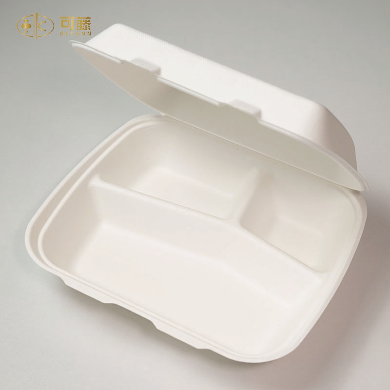 一次性可降解甘蔗浆餐盒 9寸三格连体翻盖 外卖打包快餐包装盒