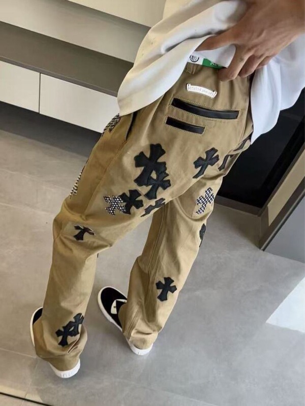 Trendy Workwear Jeans with Leather Checkerboard Cross Khaki Casual Straight Jeans for Men and Women Trendy Workwear Jeans with Leather Checkerboard Cross Khaki Casual Straight Jeans for Men and Women
