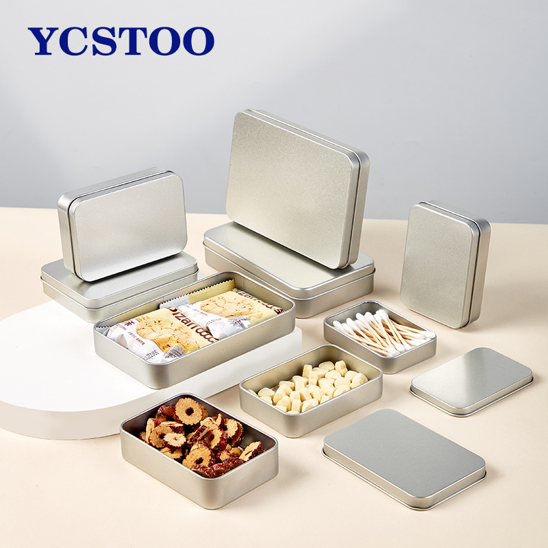 Caja de hierro en stock embalaje caja vacía caja de hojalata rectangular Ventana de PVC multi-tamaño caramelo U-placa caja imprimible logotipo