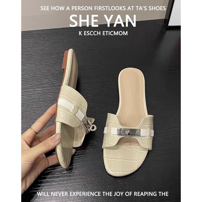 Sheepskin Version ~1.5 High French-Style Slippers for Women, Summer Outdoor Wear, Lightweight Versatile Flat Genuine Leather Sandals, Slip-On Slippers for Women