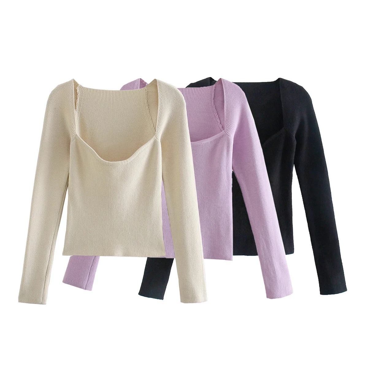 Retro Peach Heart Collar Long-Sleeved Tight-Fitting Pit Strip Solid Color Knitted Top NSZQW115377