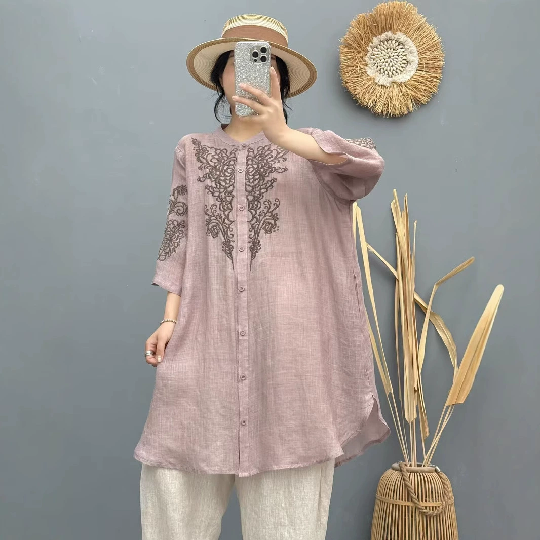 Кардиган с круглым воротником, рубашка, oversize, с вышивкой