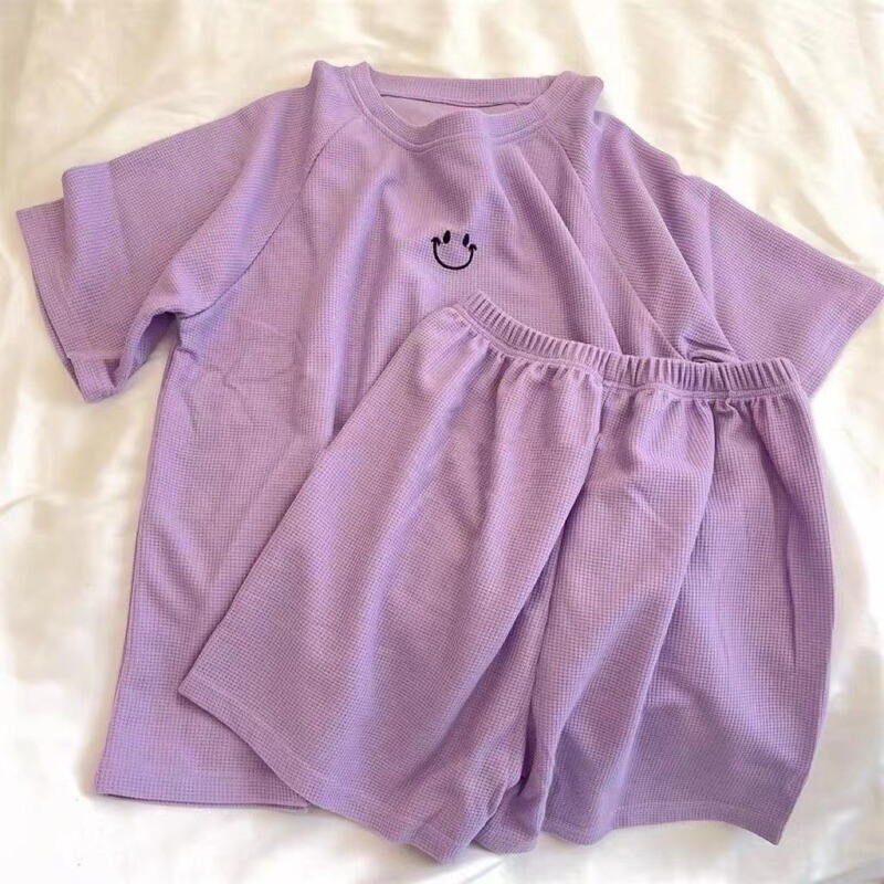 2025 Summer New Ins Simple Small Smiley Girl's Casual Short Sleeve Pajamas Women's Round Neck Loose Home Clothes