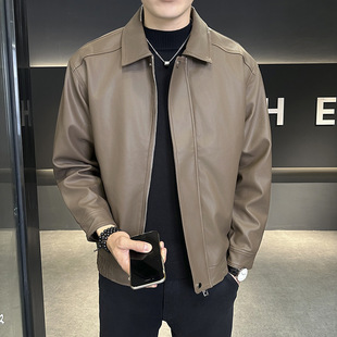 Solid Color Men's Lapel Leather Jacket Top 2025 Spring Trendy Casual Simple Versatile Stylish Pu Leather Coat