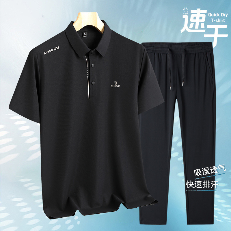 キツツキ夏アイスシルクシームレススーツメンズ半袖 Tシャツカジュアルパンツ 2025 新しいお父さんツーピースセット|undefined