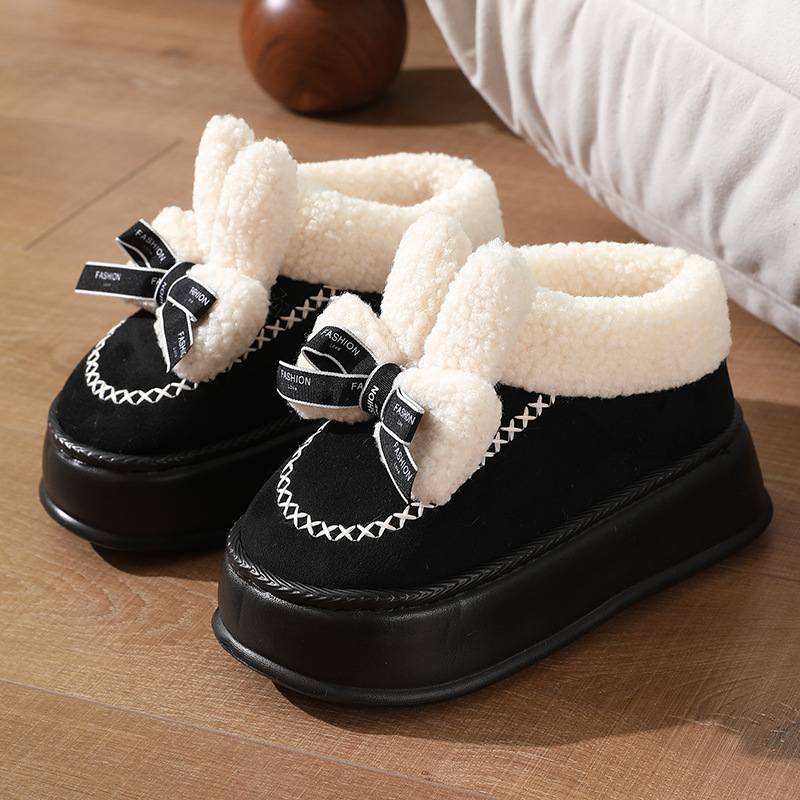 thumbnail image 1 of Zapatillas de algodón de tacón alto y suela gruesa para el hogar de las mujeres Zapatillas de conejo lindas de estilo coreano de invierno más terciopelo para mantener el calor y antideslizantes para a, 1 of 5