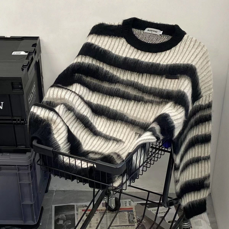 Striped Contrast Color Men's Autumn/Winter Lazy Style High-end Matchable Loose Round Neck Knit Top Couple's Top Trendy