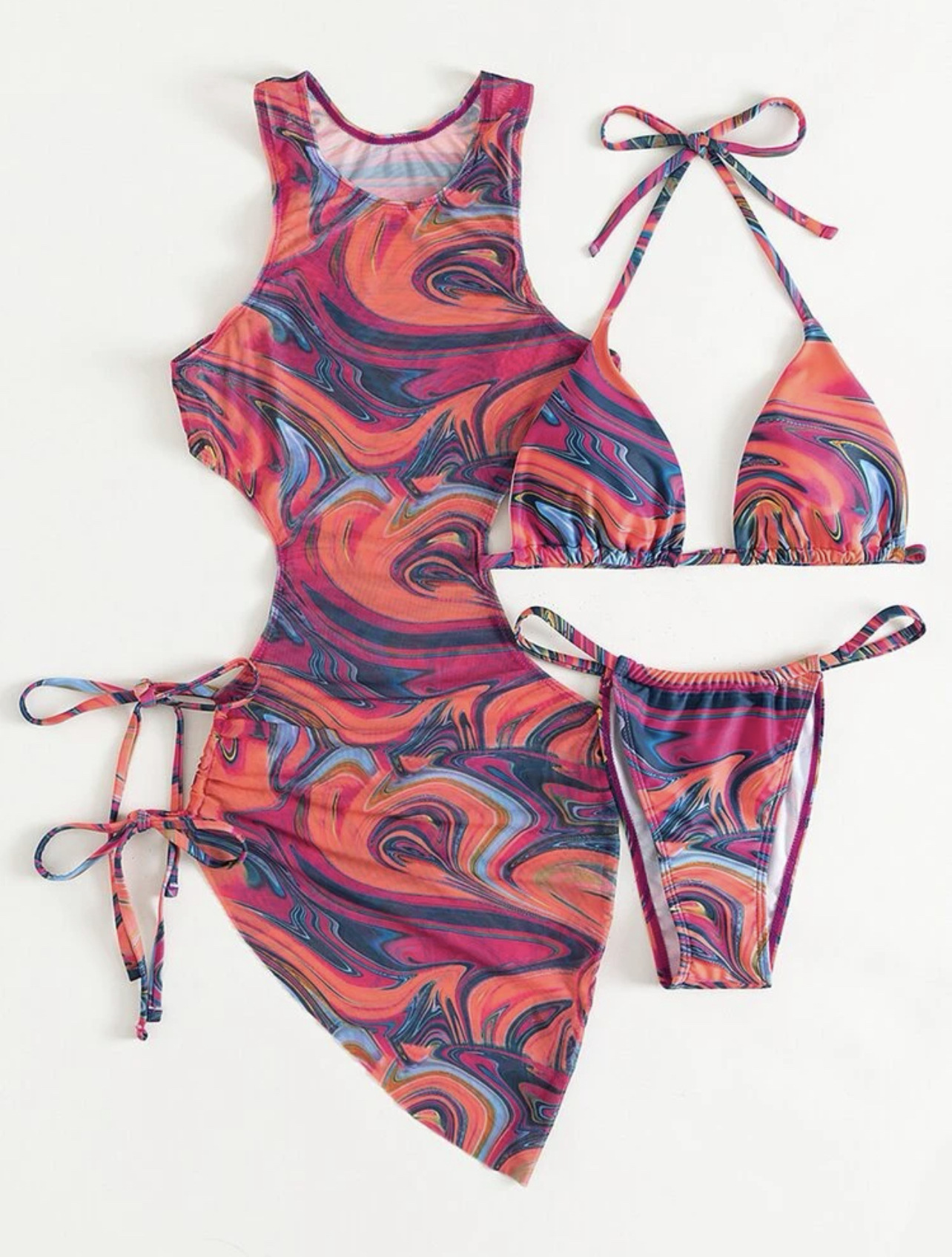 printed hollow straps drawstring three-piece swimwear set NSCSY135083