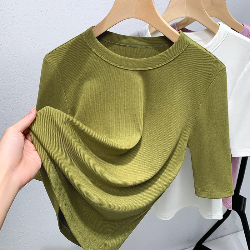 Camiseta modal de manga media para mujer 2023 nueva camiseta de media manga con cuello redondo de ala ancha para mujer, cintura elástica, top ajustado