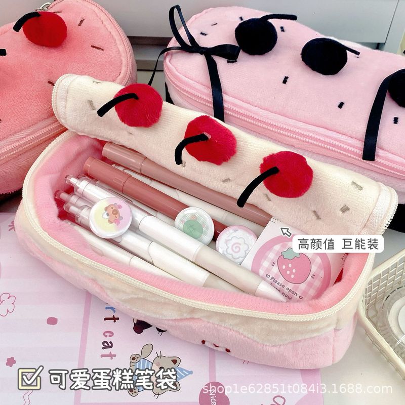 かわいいチェリーケーキぬいぐるみ鉛筆バッグインガールハート大容量化粧品バッグ学生文具鉛筆収納袋|undefined