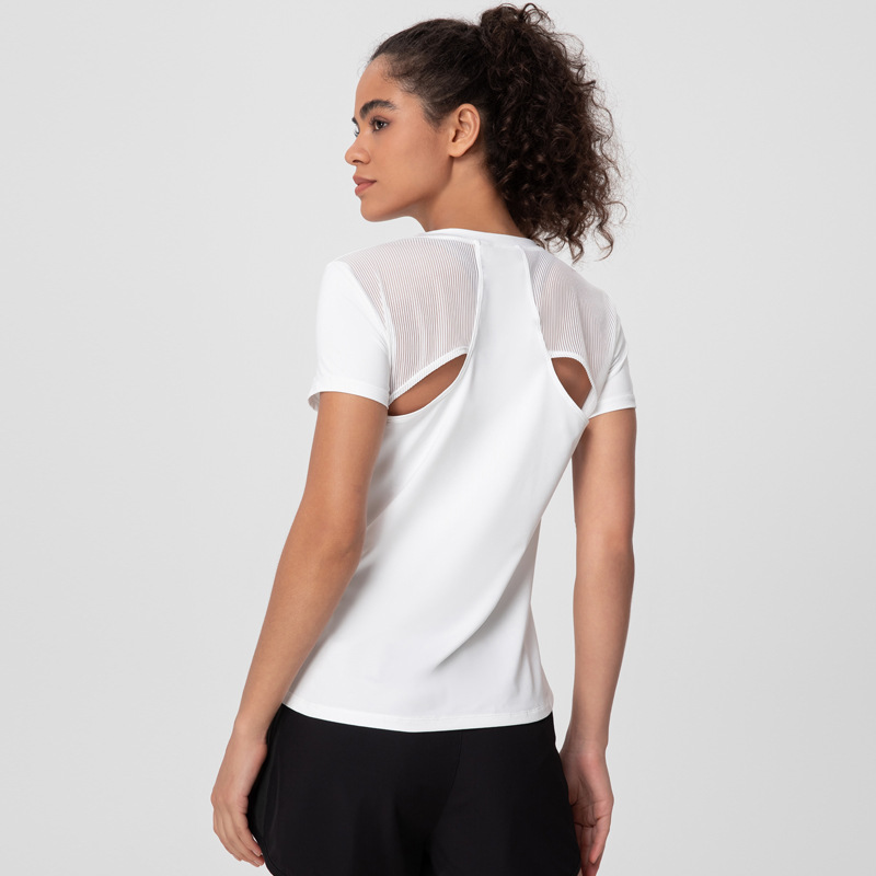 2023 primavera y verano nueva ropa de fitness de manga corta para mujer Camiseta deportiva de malla hueca ropa de yoga sexy suelta en stock