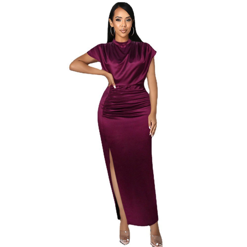 Women's Regular Dress Vintage Style Standing Collar Pleated Short Sleeve Solid Color Maxi Long Dress Daily display picture 2