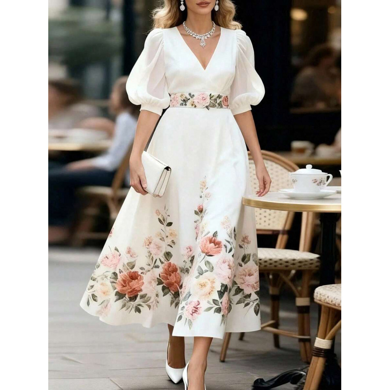 Cross-Border Amazon European Goods Summer Fashion Casual Elegant Floral Long V-Neck Bell-Sleeve Dress for Women Cross-Border Amazon European Goods Summer Fashion Casual Elegant Floral Long V-Neck Bell-Sleeve Dress for Women