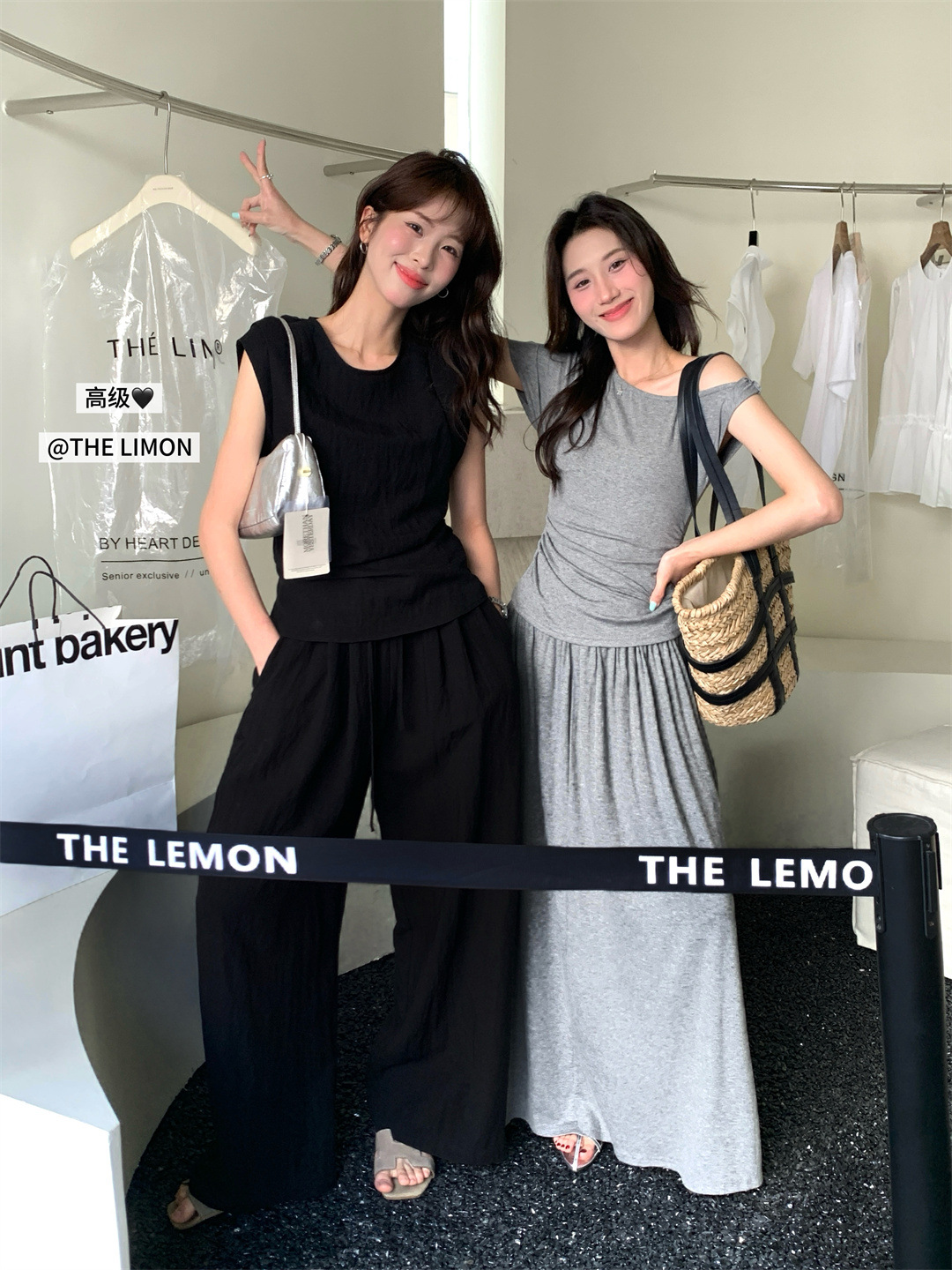Bộ áo thun phối quần ống rộng cạp cao nữ thiết kế eo thu vải lanh mùa hè 2025 — đen, màu xanh, Mã Xinh chi tiết 5
