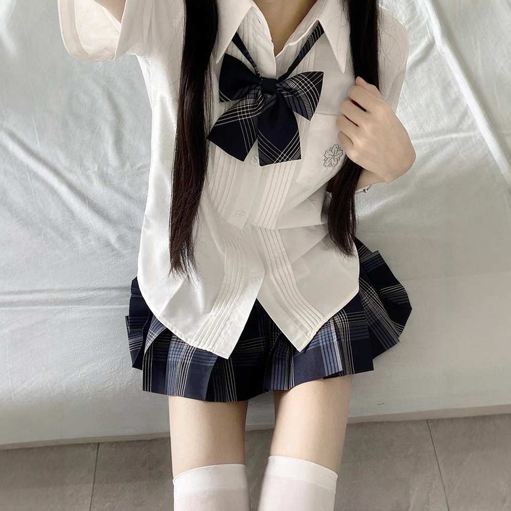 THORNY RABBIT 오리지널 JK 우미 사쿠라 반팔 셔츠 일본 제복 대학 스타일 사키 체크 무늬 스커트 아코디언 플리츠 셔츠 가을, 겨울