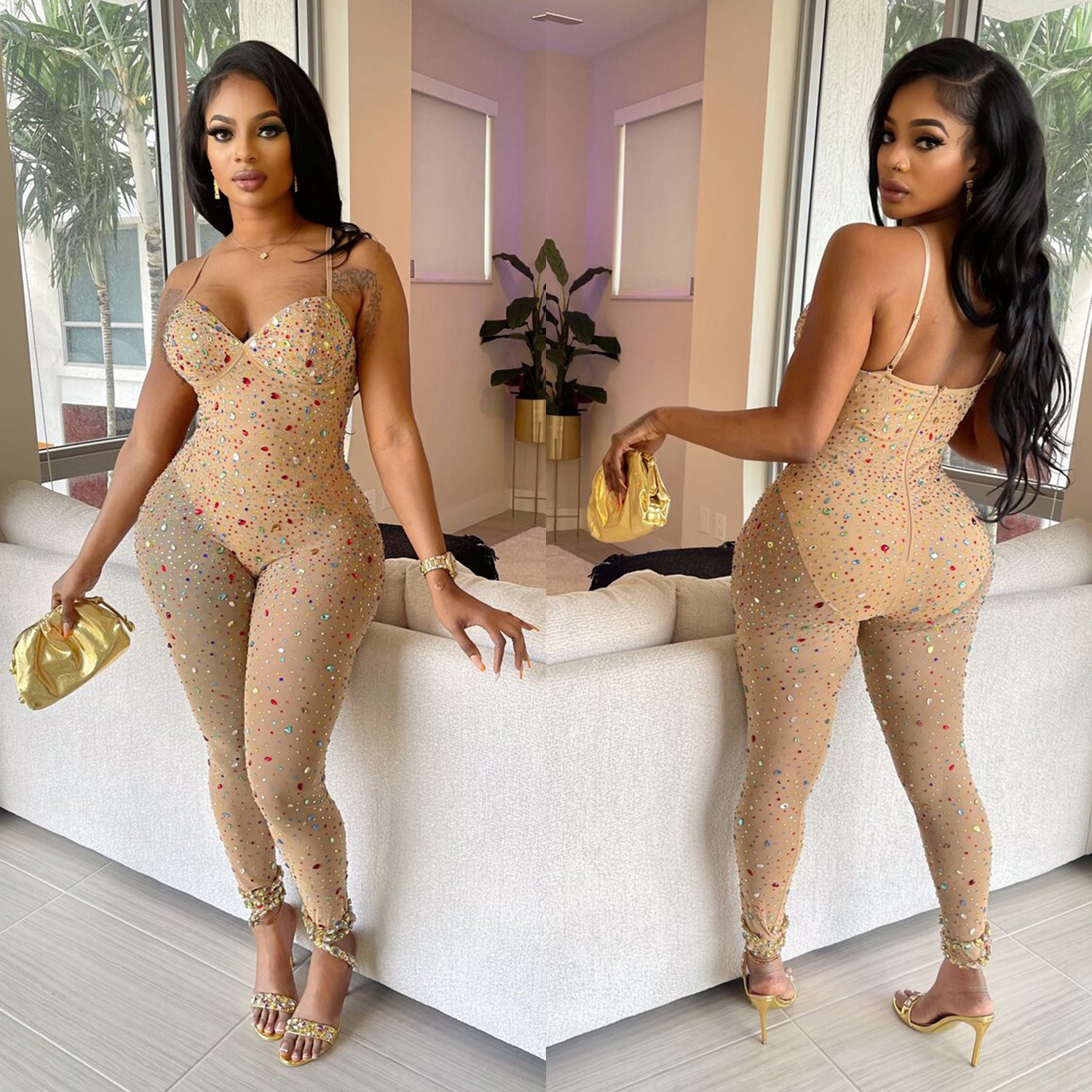 C6780 transfronteriza AliExpress Amazon Europa y América moda de las mujeres de color sólido de malla rhinestone sin mangas pantalones mono