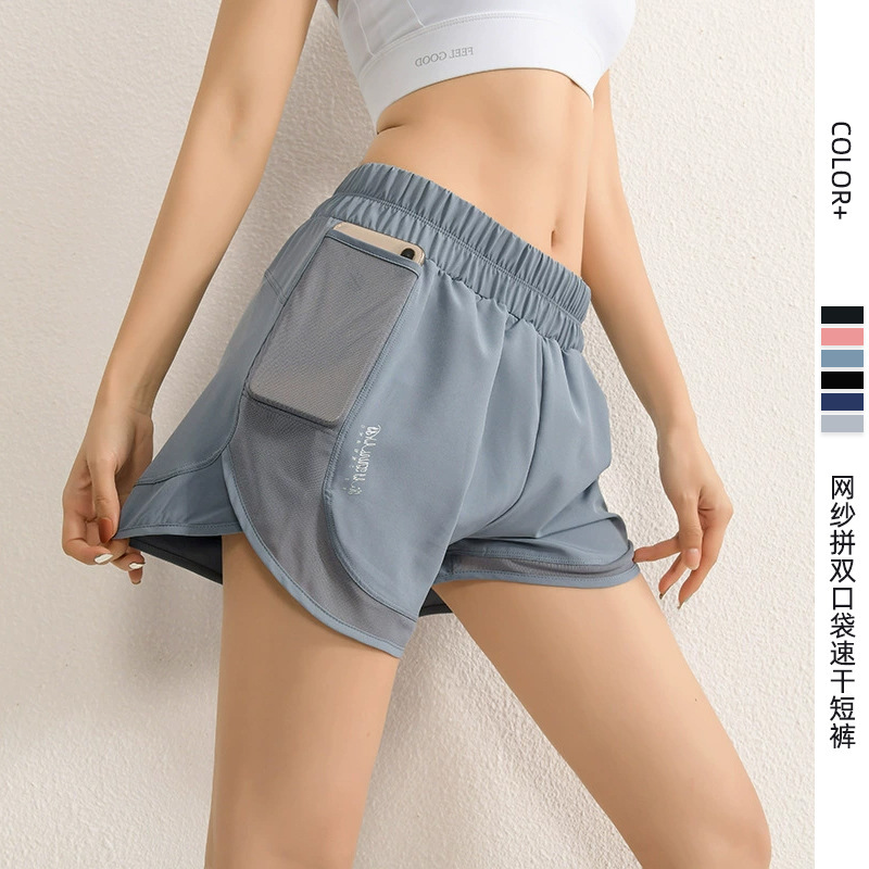 Sports shorts women's anti-exposure loose mesh double pocket quick-drying running aerobic fitness high waist outerwear shorts