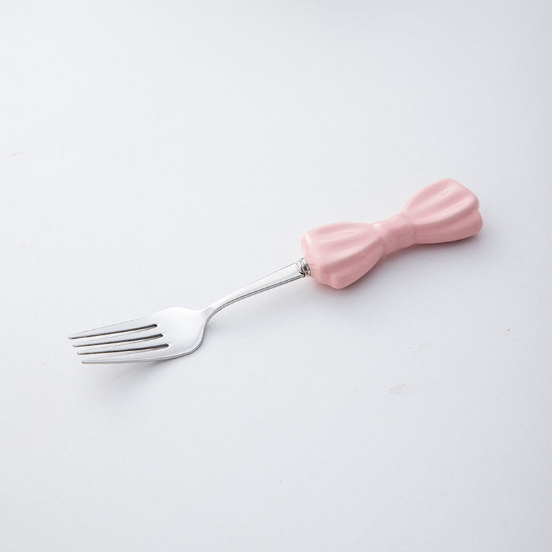 Ins Style Large Bowknot Creative Ceramic Handle 304 Stainless Steel Knife High Appearance Fork Dessert Spoon_voghion.com