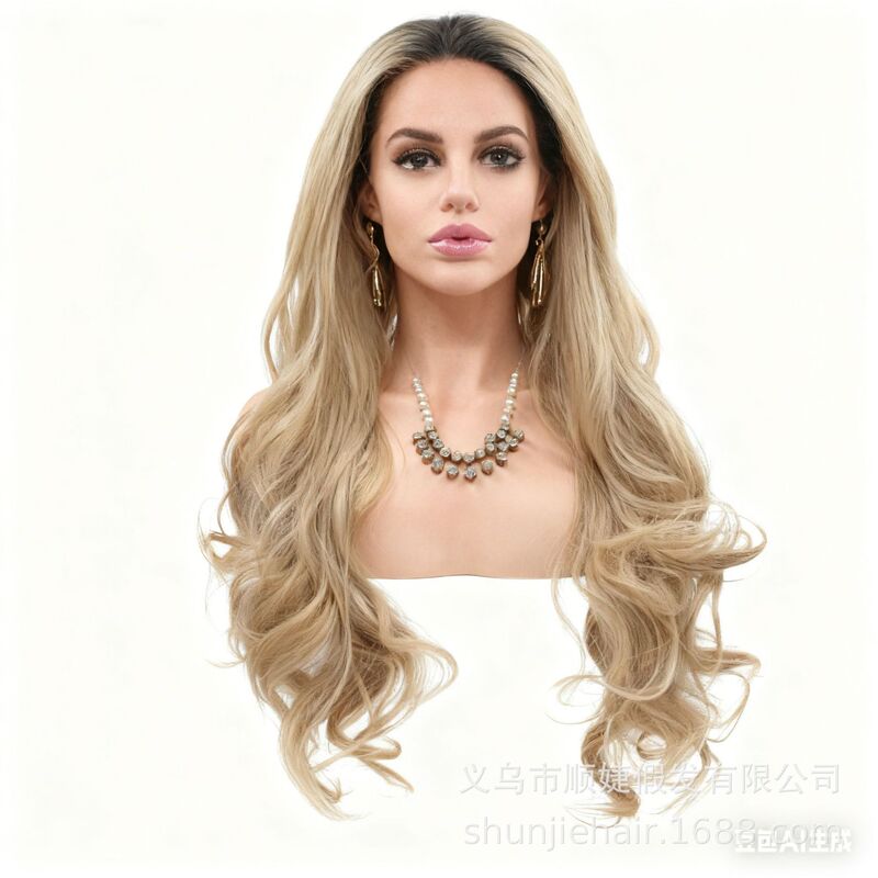 Gradient Wig Long Curly Hair Chemical Fiber Front Lace Light Gold Wig Cross-Border Foreign Trade