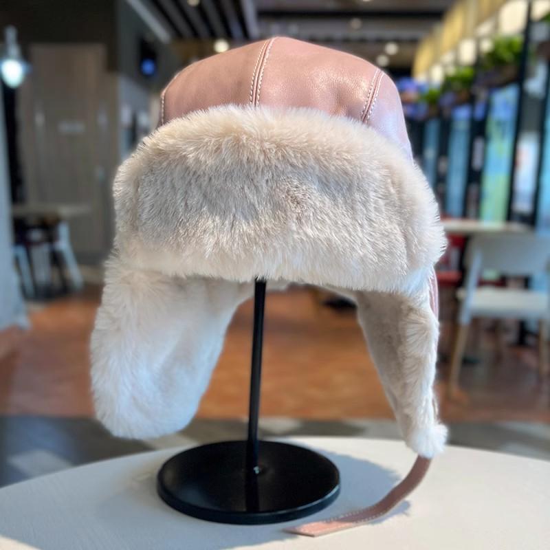 Pilot Hat Women's Warm Pu Leather Plush Ear Protection Skiing Cap_voghion.com