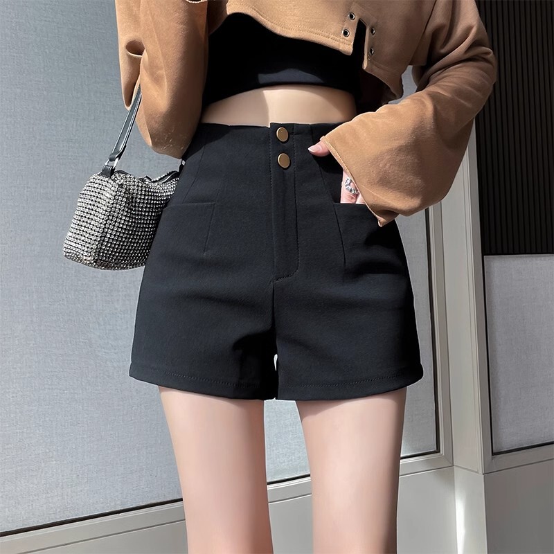 Black suit shorts women's spring and autumn fleece-lined outer wear high waist slimming stretch A- line lower body missing bottoming boot pants
