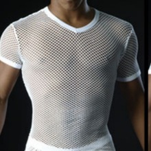 男士新款时尚透气短袖性感经典透明大孔网眼体恤夜店表演服装