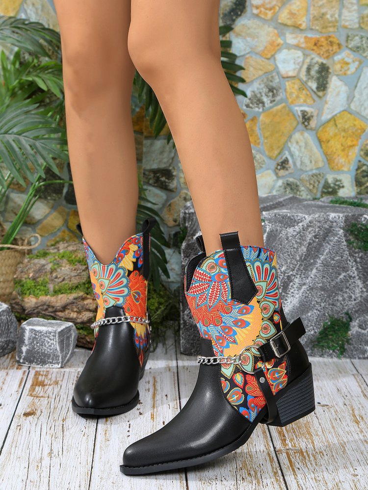 2024 Autumn New Large Print Versatile Pointed Coarse Heel Splicing Mid heeled Boots with Chain and Ankle for Women_voghion.com