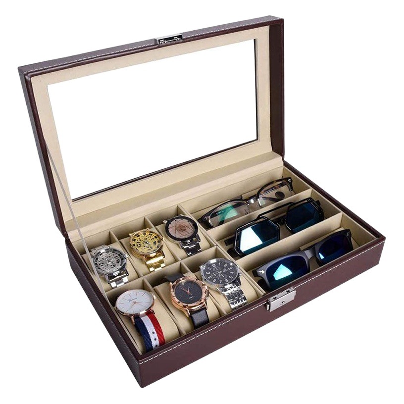 Caja organizadora de relojes y gafas de cuero PU, 6 espacios para relojes + 3 para lentes, elegante y funcional