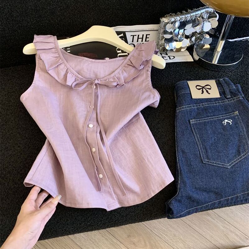 Korean-Style Sweet Ruffled Lace-Up Sleeveless Shirt for Women, Unique Design for Summer, Age-Reducing and Stunning Little Vest Top Korean-Style Sweet Ruffled Lace-Up Sleeveless Shirt for Women, Unique Design for Summer, Age-Reducing and Stunning Little Vest Top