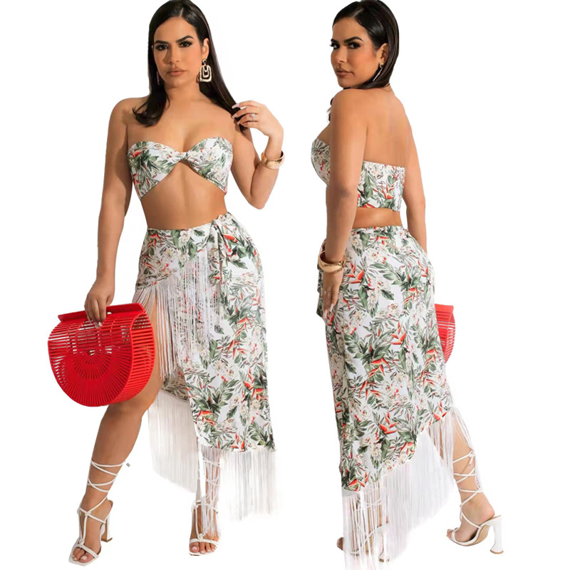 wrap chest chiffon printed tube top side slit irregular long skirt two-piece set  NSYMS129268