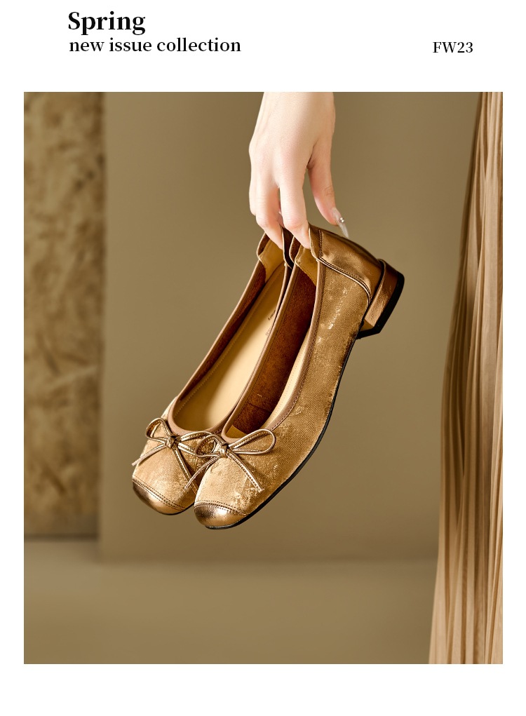 Giày ballet nữ mũi tròn da bò gót thấp nơ phối màu kiểu Trung Quốc mới — Màu nâu chi tiết 18