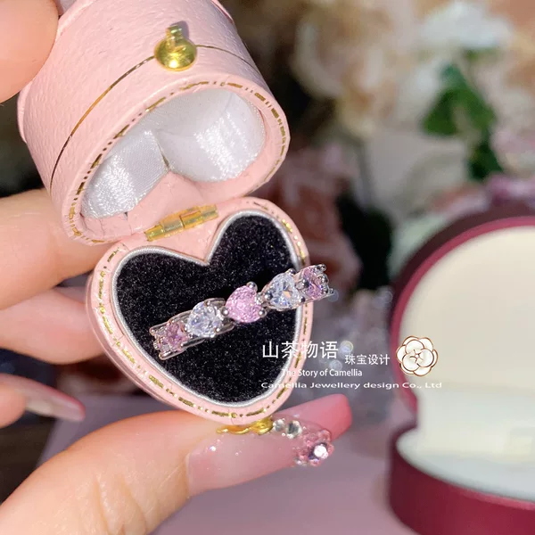 Camellia light luxury name gentle princess pink ring artificial diamond love ins niche design simple full diamond ring
