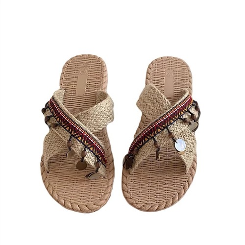 Flowery Slides for Women - Summer Outerwear 2024 Fashion Woven Ethnic Style Slippers for Beach Vacation and Sandals with Soft Flat Soles