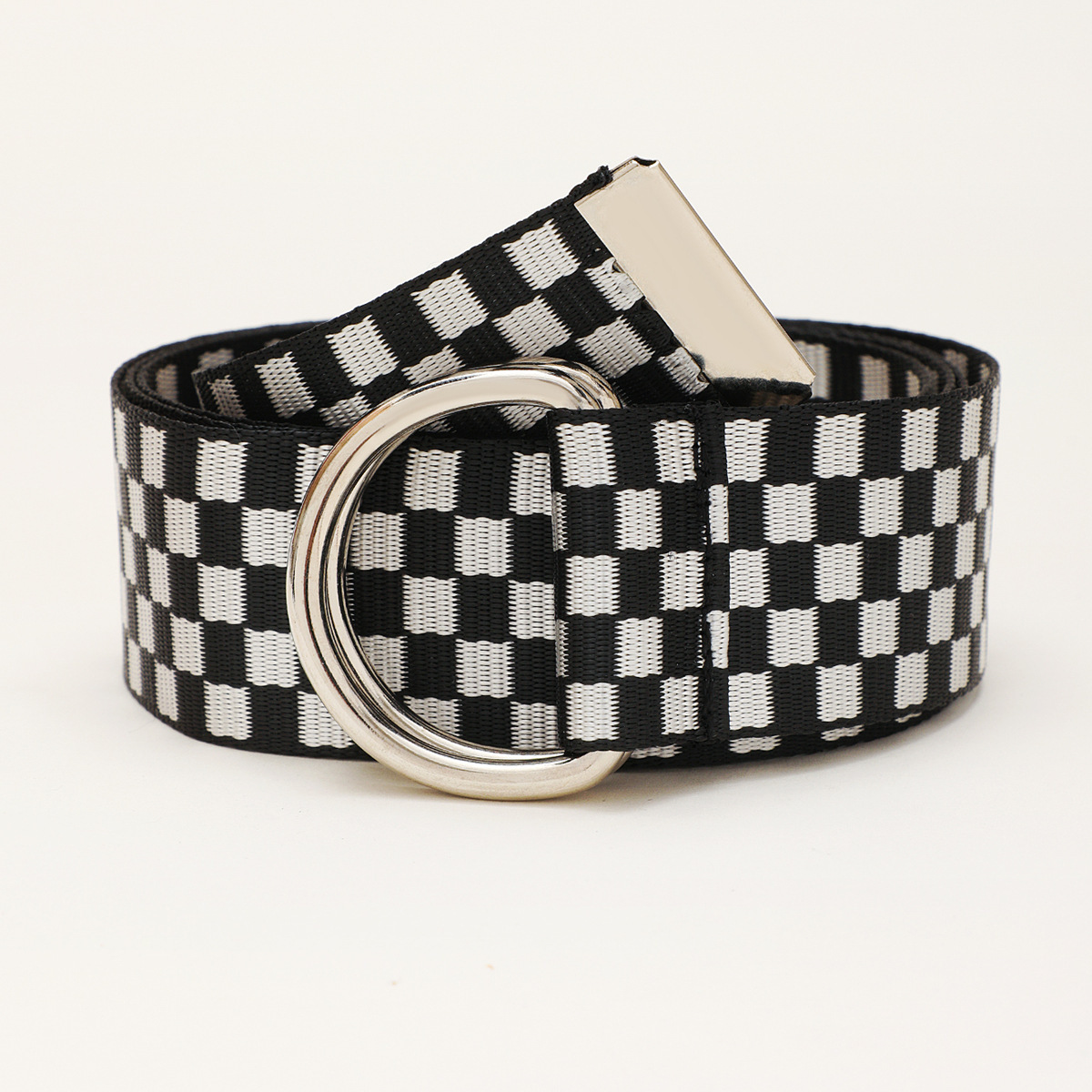 Neuer Gürtel, schwarz-weiß karierter Canvas-Gürtel, Unisex-Gürtel mit großer Schnalle, College-Stil, kleiner und frischer Gürtel_voghion.com