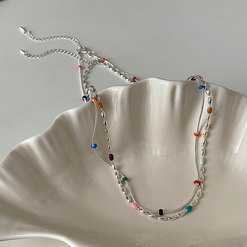 Rainbow Jelly Bean Round Bead Necklace Female Dopamine Girl Sweet Exquisite Cute Fashion All-match Necklace Chain Clavicle Chain