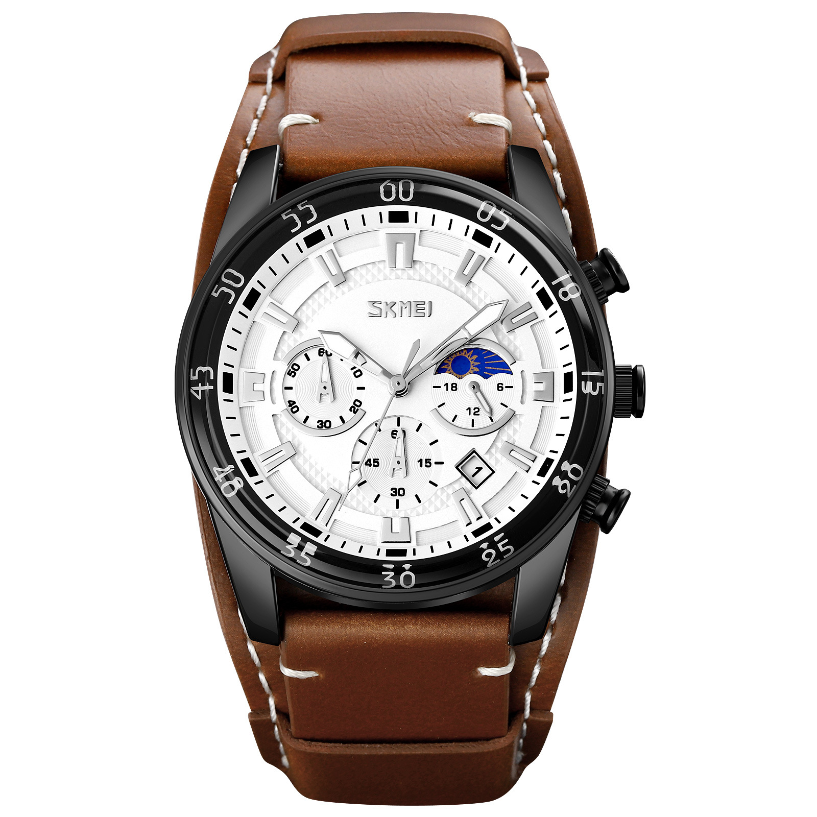 Momento de belleza para hombres cronógrafo multifuncional reloj de cuarzo muestra fase lunar impermeable reloj de pulsera de correa marrón retro reloj de hombre transfronterizo