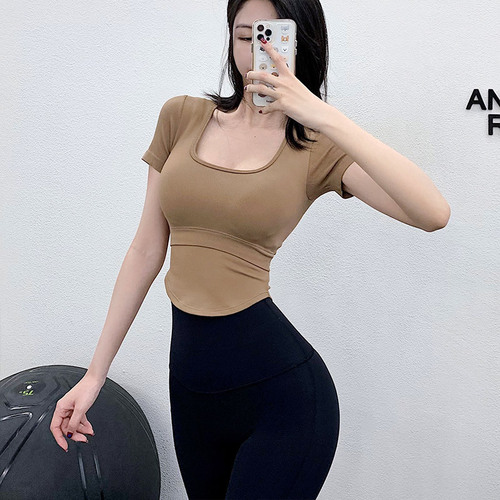 New Fixed Bra Cup Yoga Top for Women, Slimming and Body-Shaping, Summer Short Sleeve Running and Fitness T-Shirt