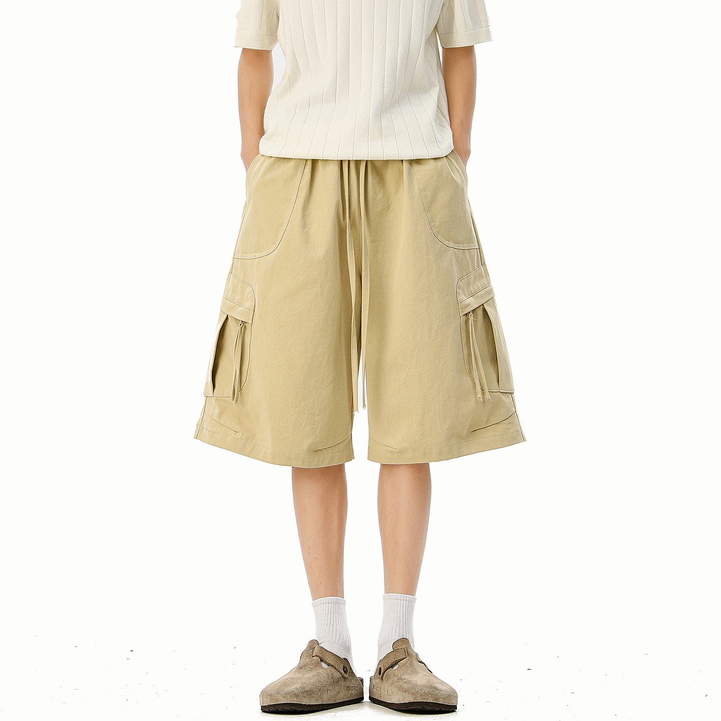 Khaki Retro Workwear Five-Point Pants Men's Summer American Style Large Pocket Casual College Student Youth Cotton Wide-Leg Pants