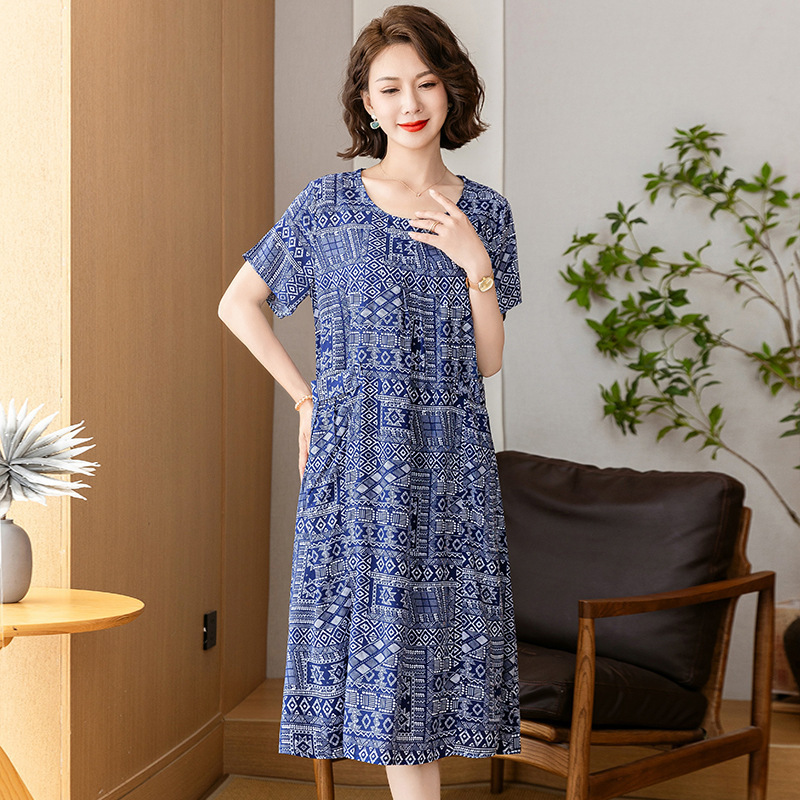 胖妈妈装夏装棉绸连衣裙加肥加大码女装中老年人夏季洋气宽松裙子|undefined