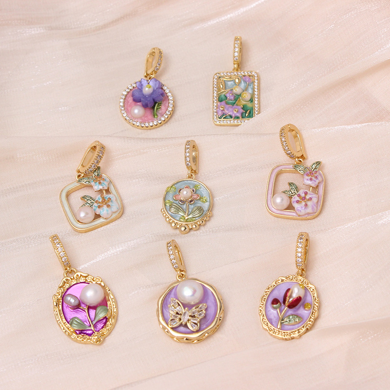 6g Weight Pendant Jewelry Making Type DIY Ornament Accessories Classification 1 Piece Quantity Freshwater Pearl, Copper Material Flower Pattern All Seasons Season Enamel Design Chinoiserie, Classical Style 1 Piece Freshwater Pearl Copper Flower Pendant 3