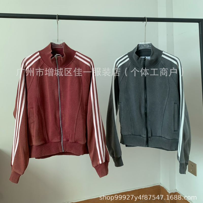 Cross-border~du brand, new 2026 style, three-stripe embroidered casual jacket with a vintage, distressed look, versatile stand-up collar, for women