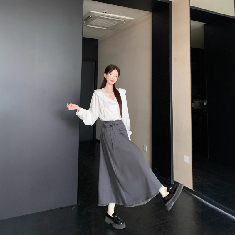 娃娃领设计感法式气质长袖衬衫蕾丝拼接半身裙女2025秋季时尚套装|undefined