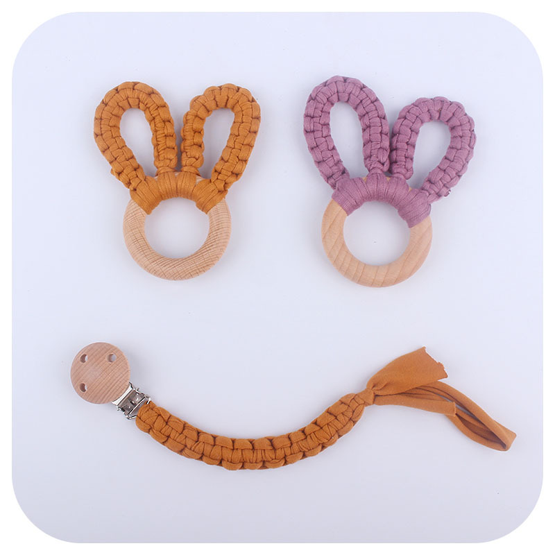 DIY bebé creativo Beech anillo mordedor pulsera juguete hecho a mano de algodón tejido orejas conejo dientes molienda palo