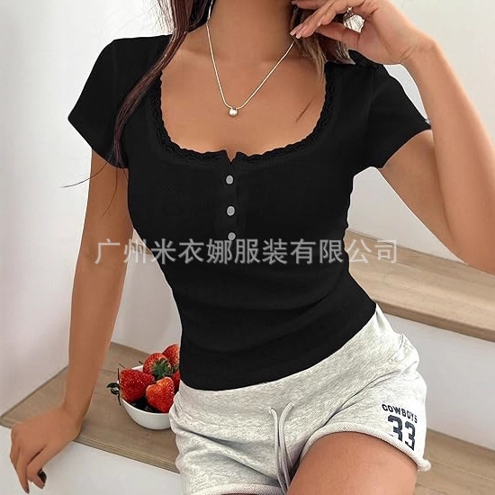 2025 European and American Cross-Border Amazon New Autumn and Winter Lace Button V-Neck Fashion Short-Sleeve Slim-Fit Long-Sleeve Top 2025 European and American Cross-Border Amazon New Autumn and Winter Lace Button V-Neck Fashion Short-Sleeve Slim-Fit Long-Sleeve Top