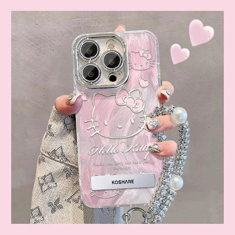 Чехол для телефона (серия Apple iPhone 11–17) с блестящим зеркалом Hello Kitty и металлическим кулоном, розовый/серебристый